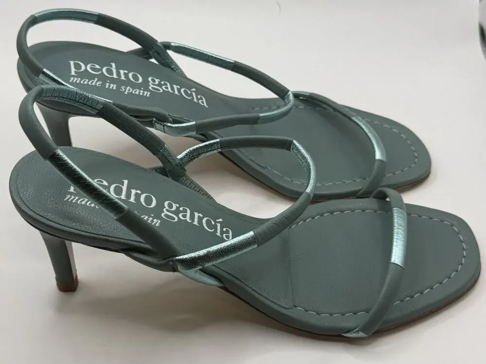 $520 Pedro Garcia Xalina Teal Kitten Heel Sandals Sz 38 US 8 NWOB